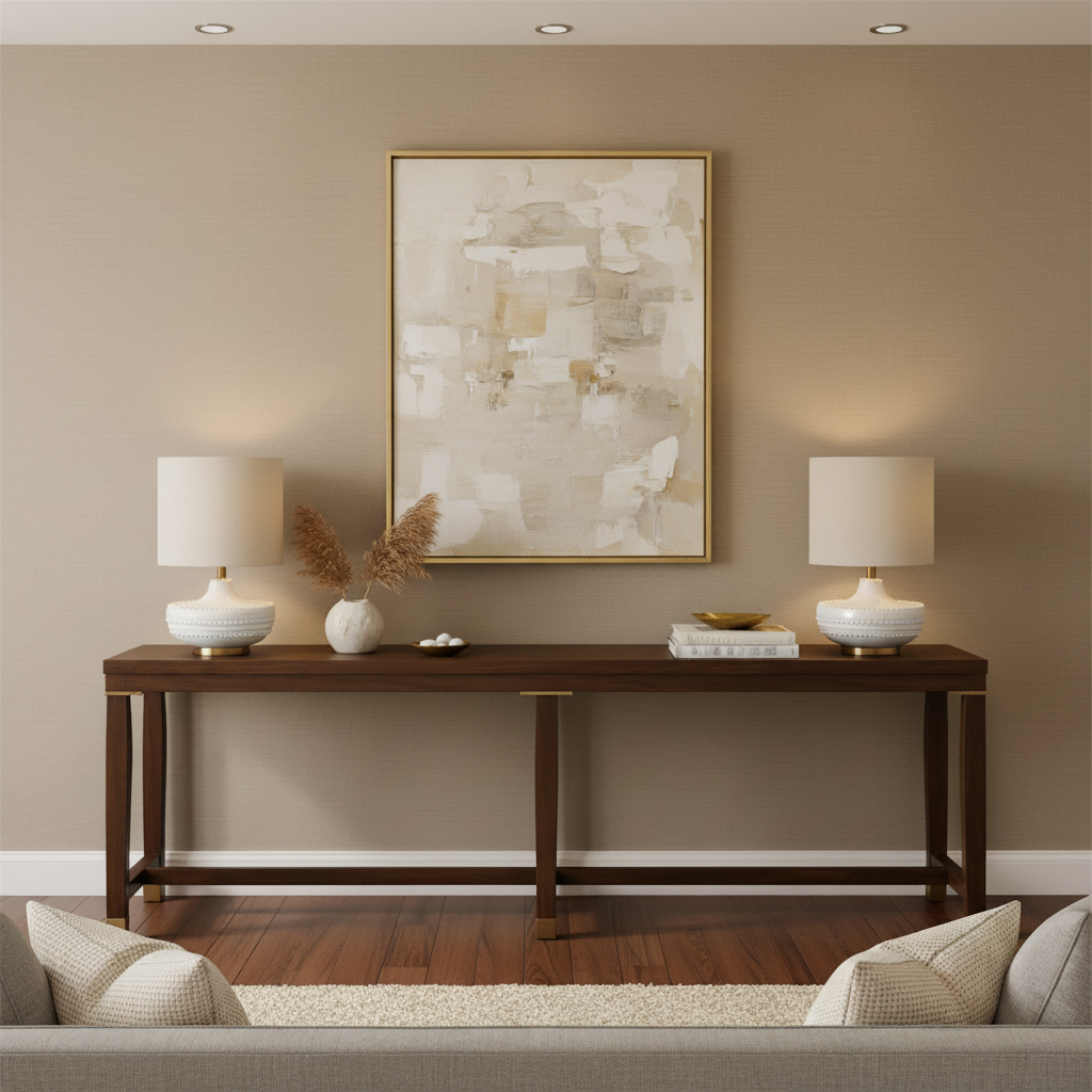 Modern living room with a wooden console table, lamps, and a painting on a beige wall.