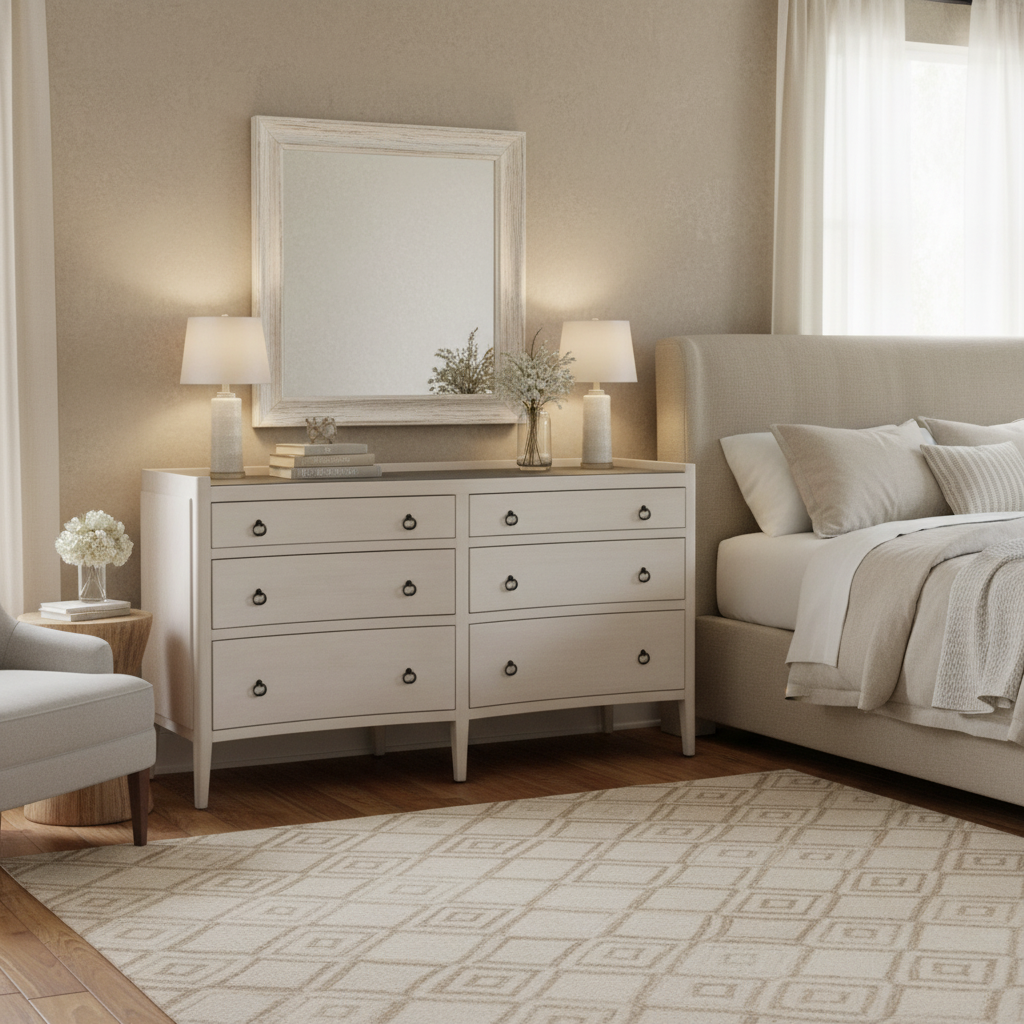 Neatly arranged bedroom with a dresser, mirror, and bed.