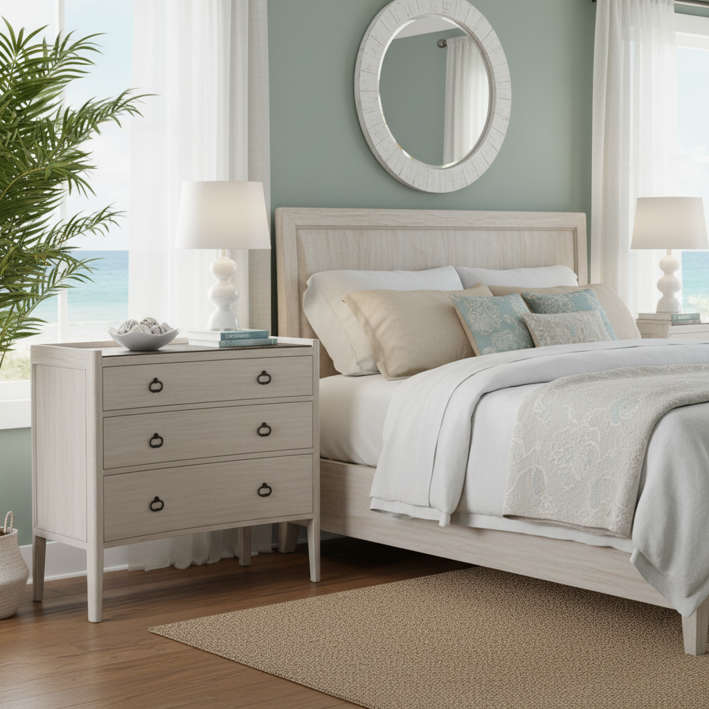 Neatly arranged bedroom with a bed, nightstands, and decorative elements.