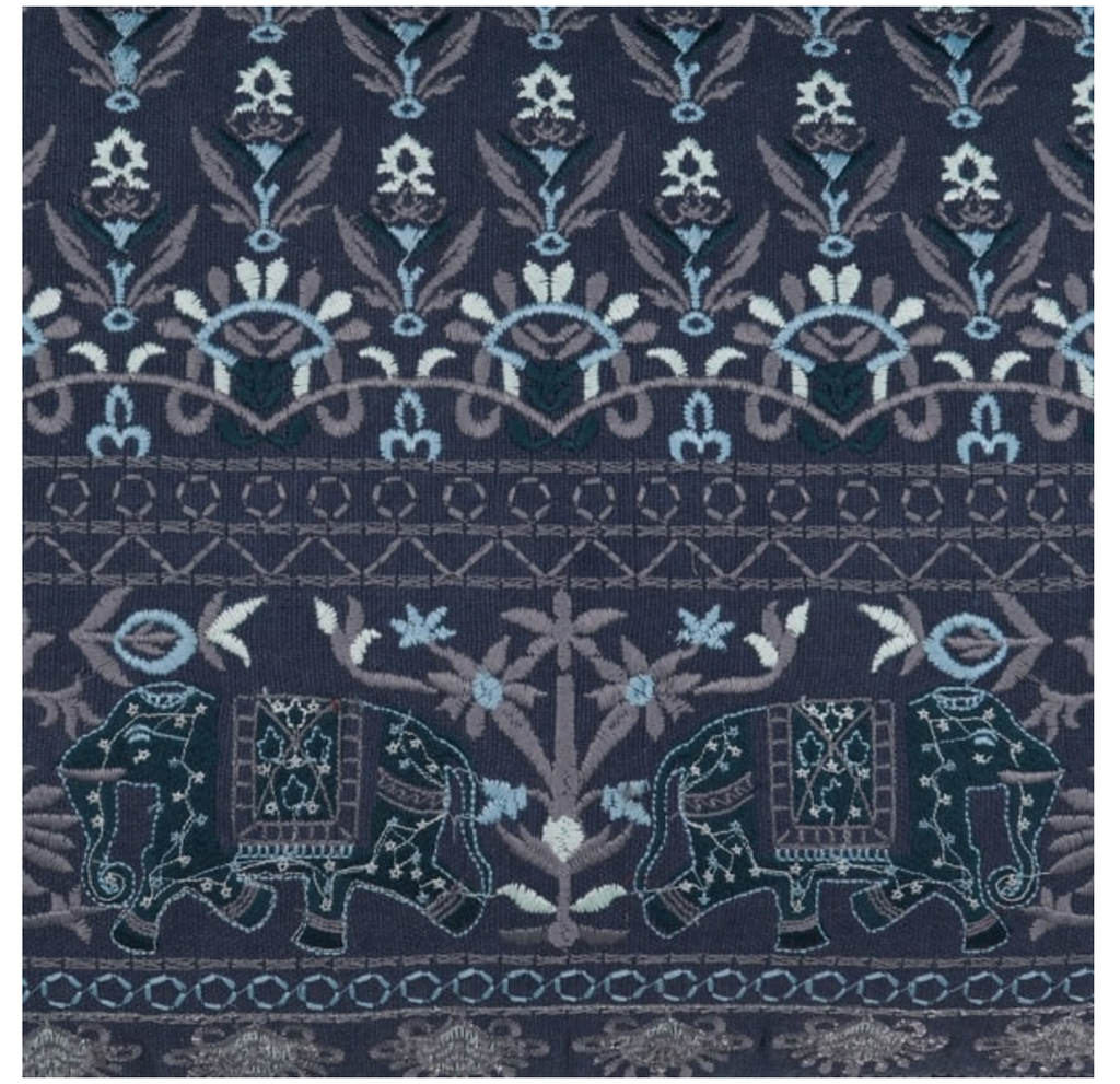 Navy blue fabric with intricate elephant and floral patterns