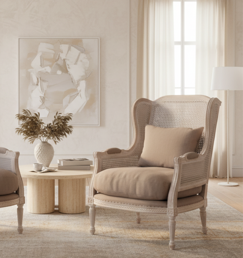 Beige armchair in a stylish living room with abstract art and decor.