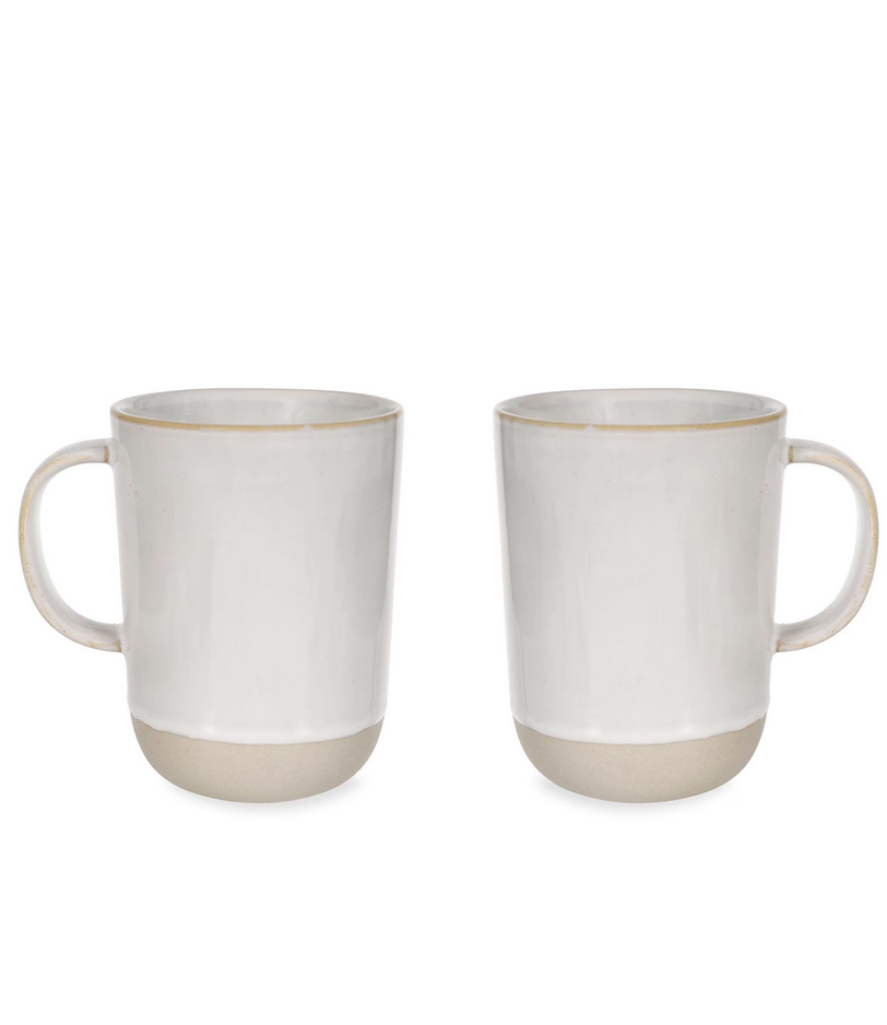Two white ceramic mugs with beige accents on a white background