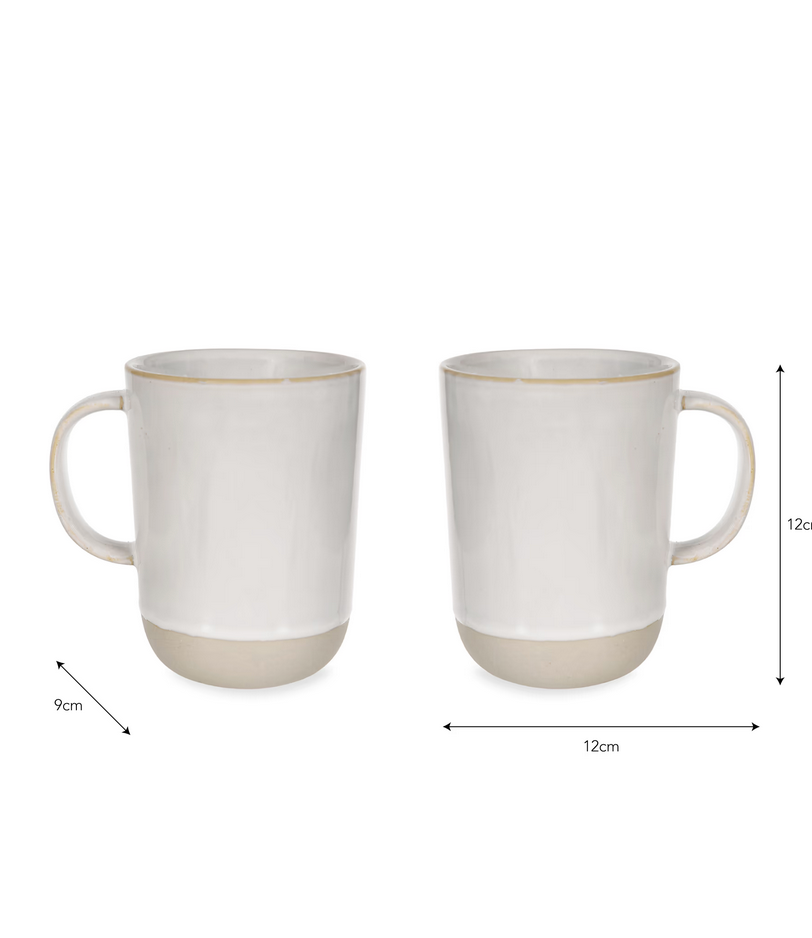 Two white mugs with beige accents on a white background, featuring dimensions.
