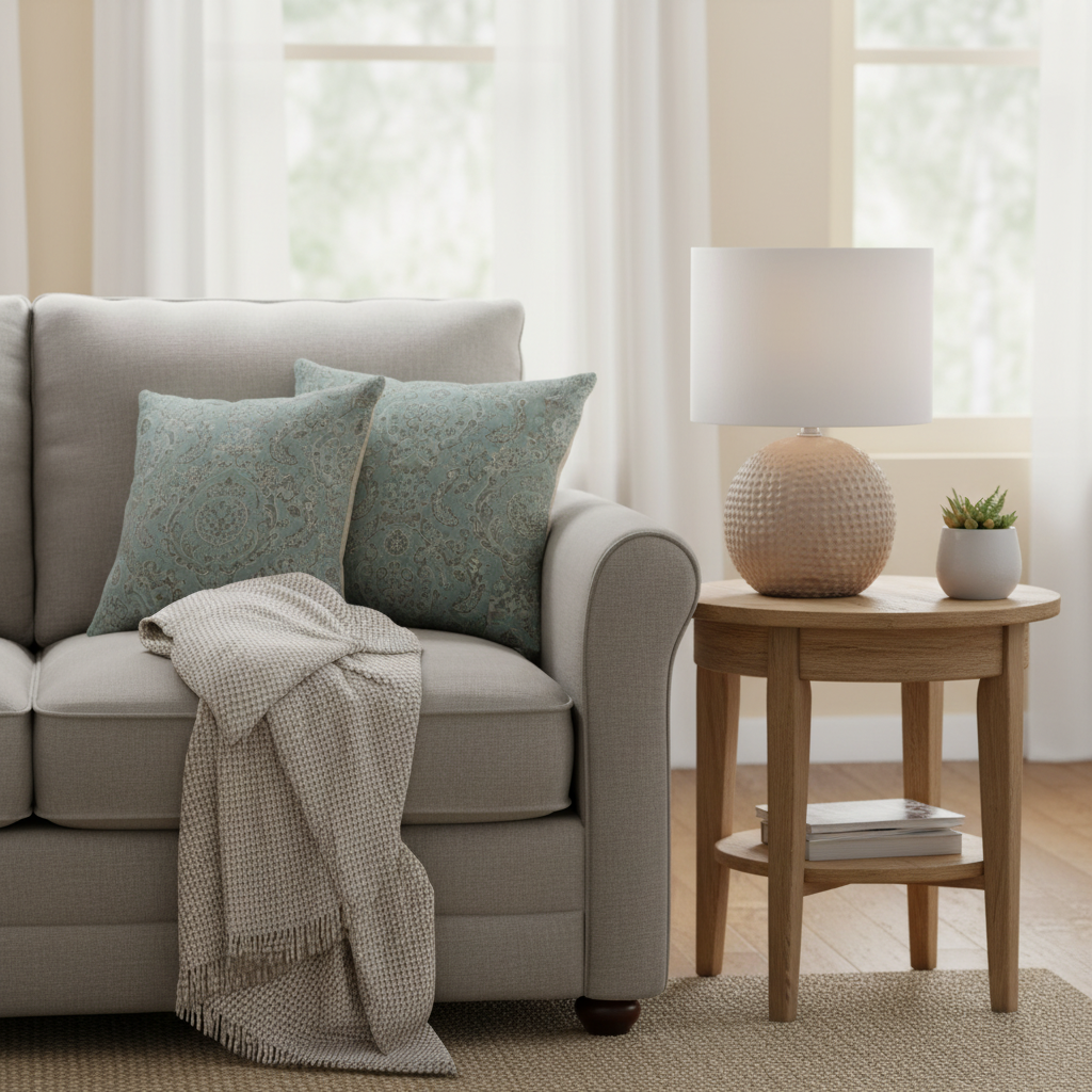 Gray sofa with decorative pillows and a blanket in a living room setting.