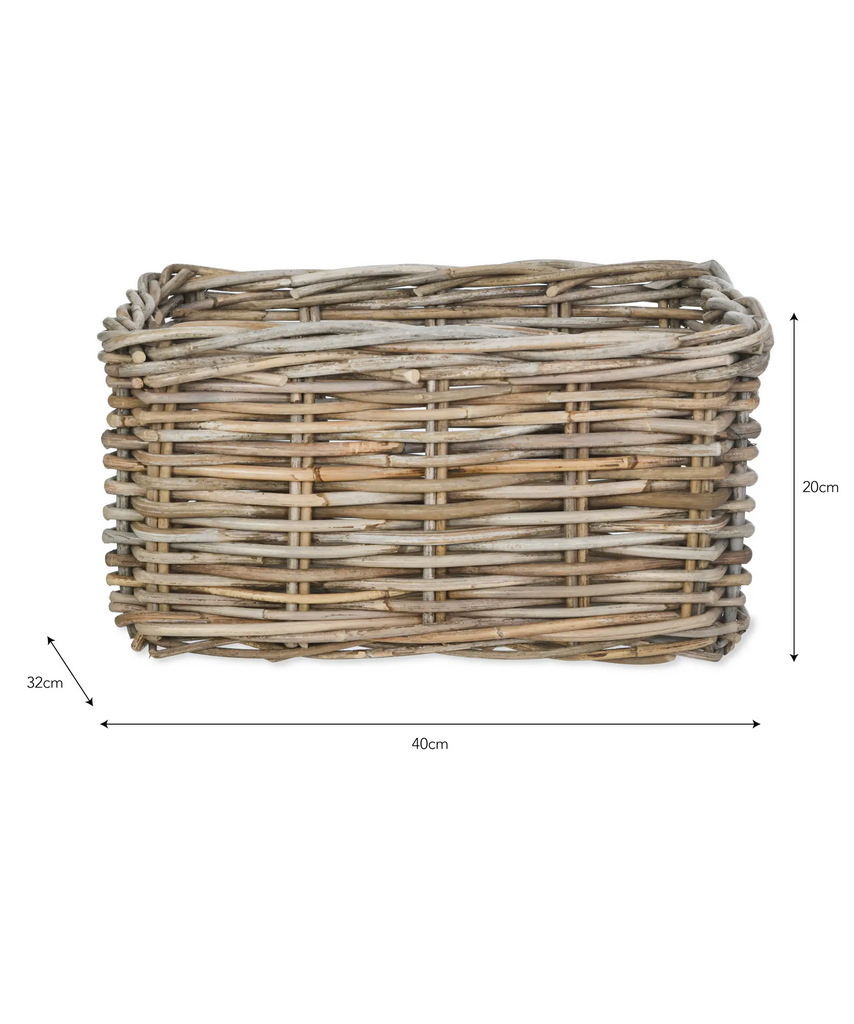Wicker basket with dimensions on a white background