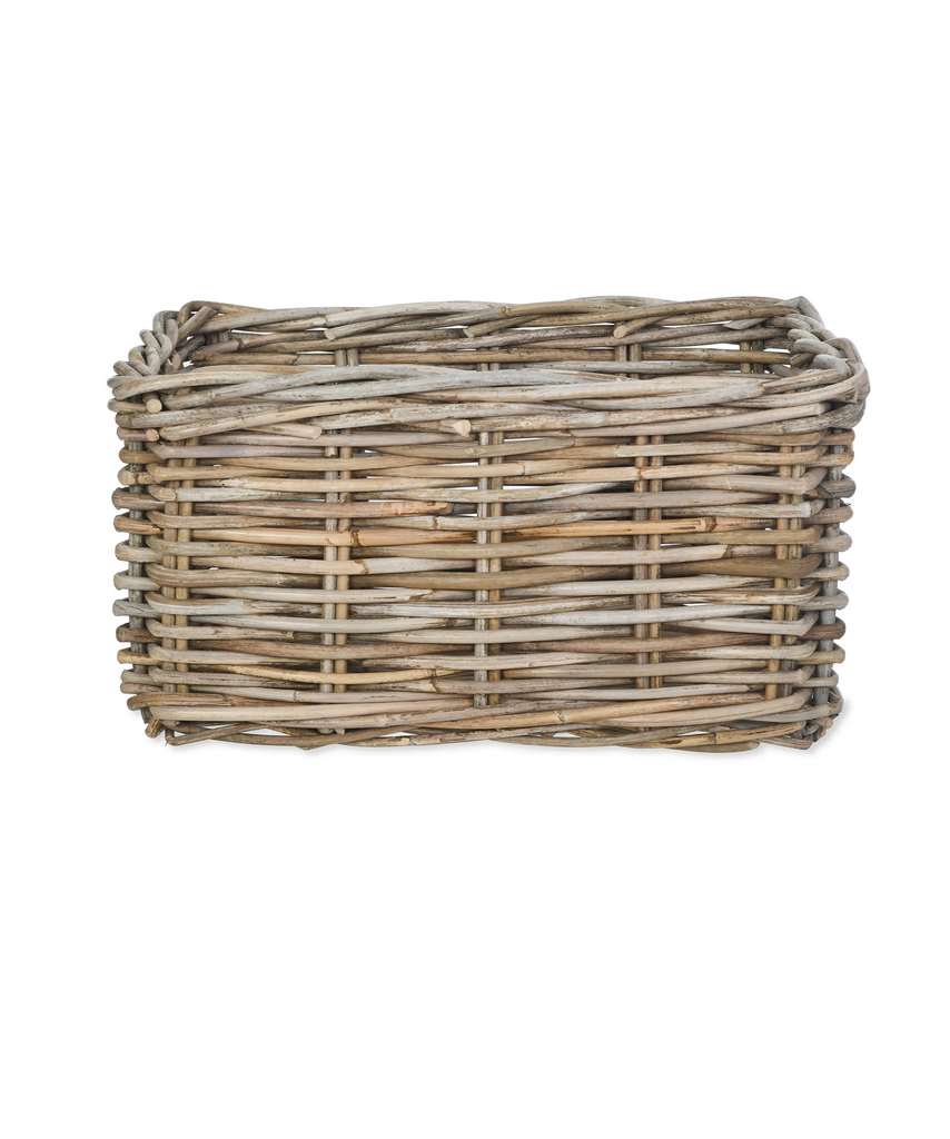 Woven rectangular basket on a white background