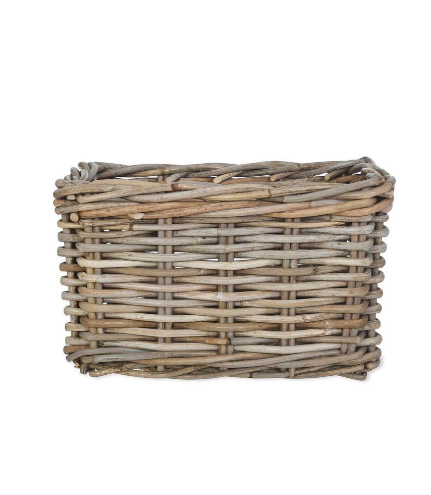 Woven rattan basket on a white background