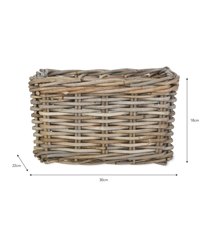 Wicker basket with dimensions on a white background