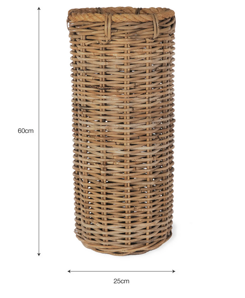 Wicker laundry basket with dimensions on a white background