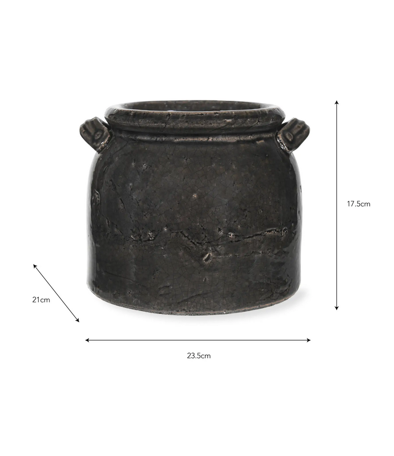 Black ceramic pot with dimensions indicated on a white background