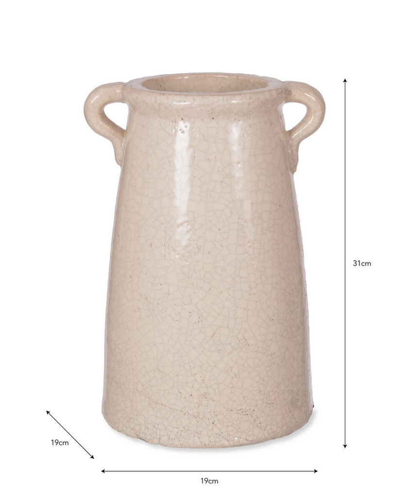 Beige ceramic vase with handles and dimensions on a white background