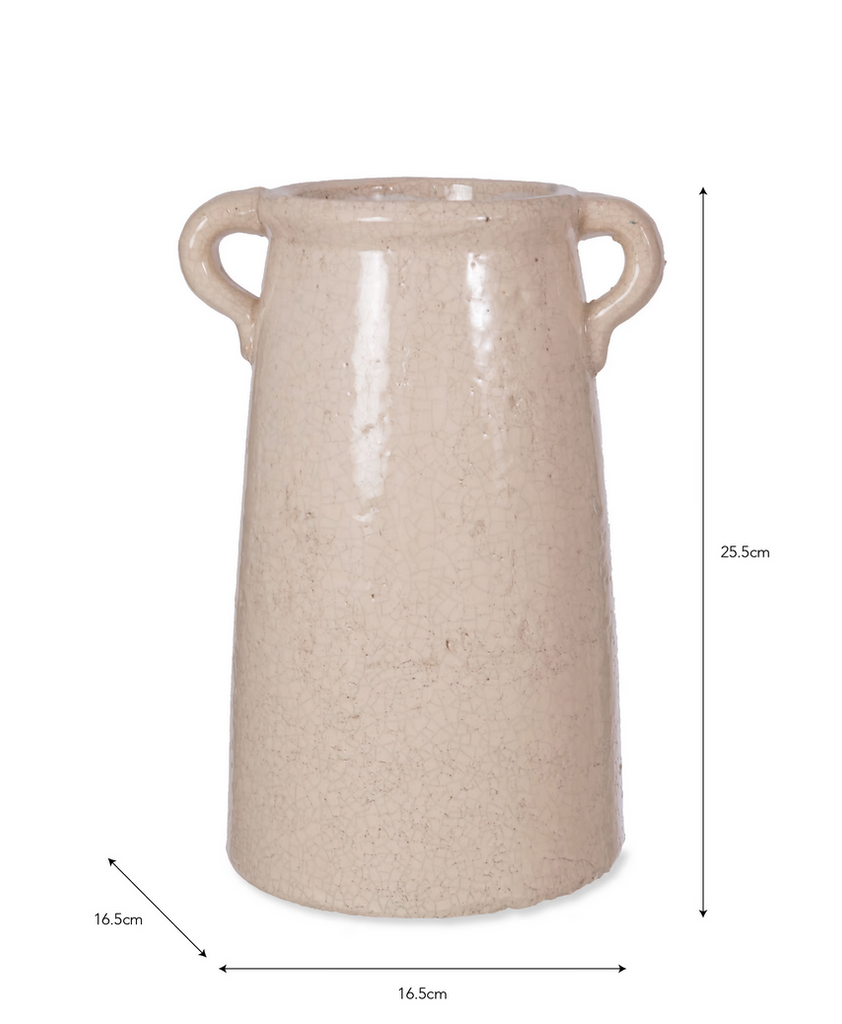 Beige ceramic vase with handles on a white background