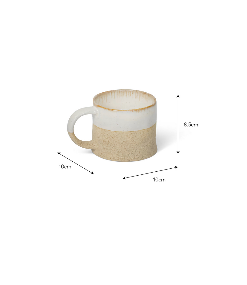 White ceramic mug with beige accents and dimensions on a white background