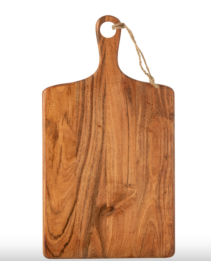 Wooden cutting board with a handle on a white background