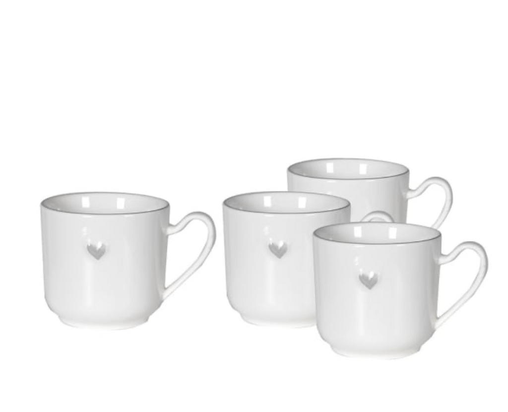 white heart mug with a grey rim and embossed grey heart