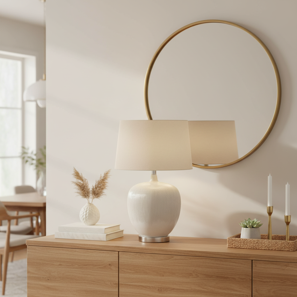 White lamp on a wooden console table with a round mirror above, in a bright room.