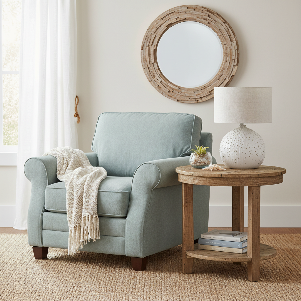 Light blue armchair with a wooden side table and lamp in a room with a round mirror on the wall.