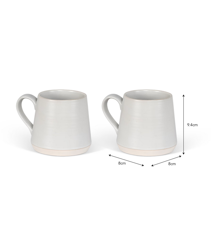Two white ceramic mugs with dimensions indicated on a white background