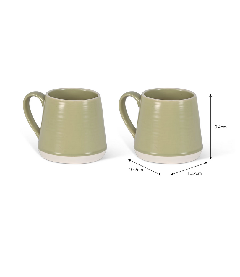 Two green ceramic mugs with dimensions indicated on a white background