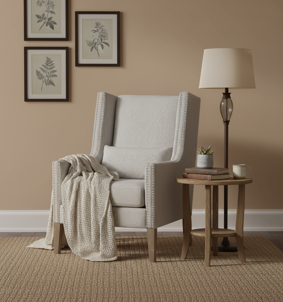 Cozy living room with a gray armchair, side table, and lamp against a beige wall.