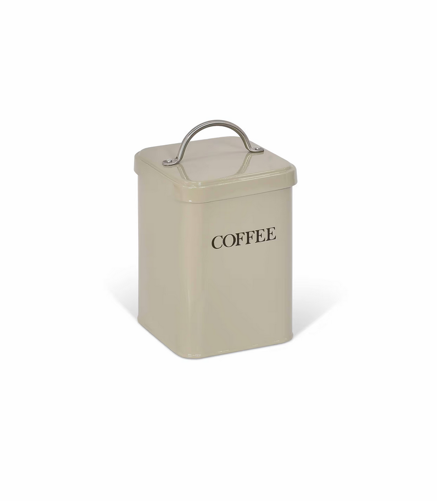 Beige coffee storage canister with 'COFFEE' text on a white background