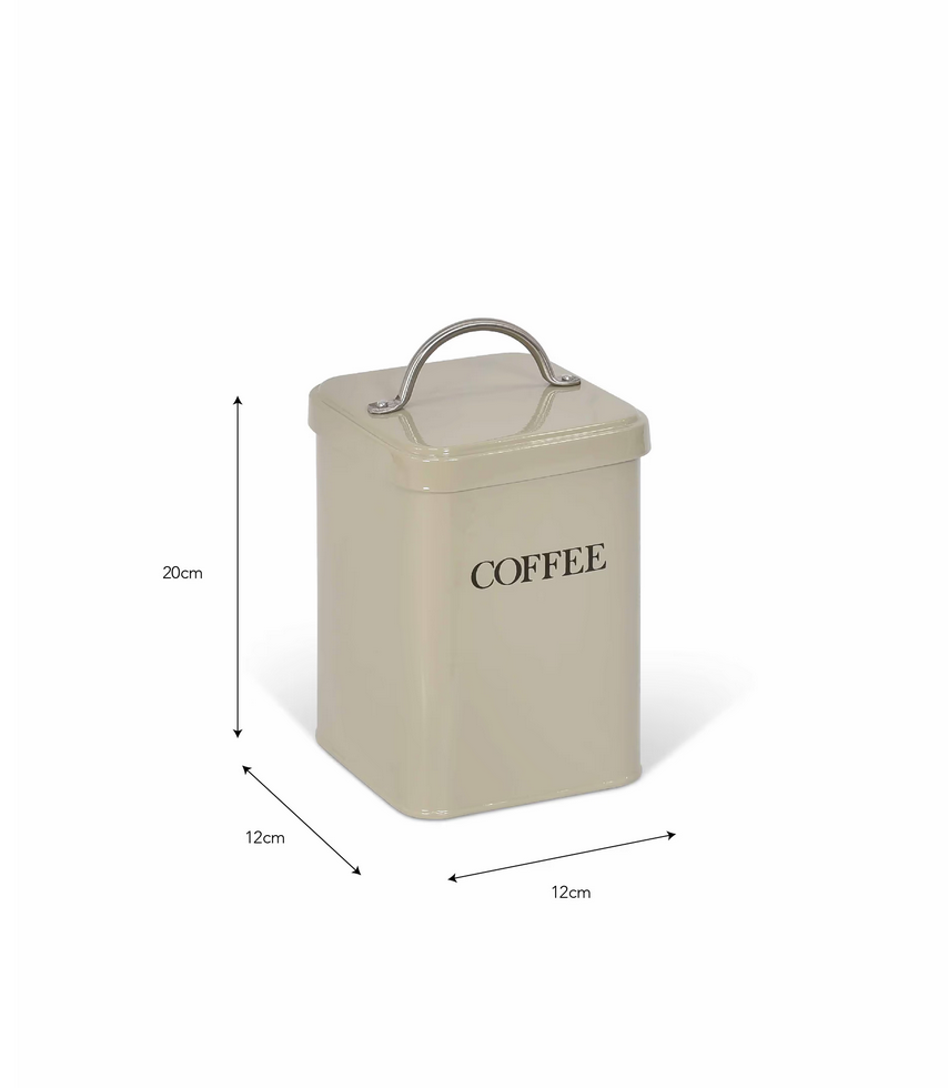 Beige coffee storage canister with dimensions on a white background