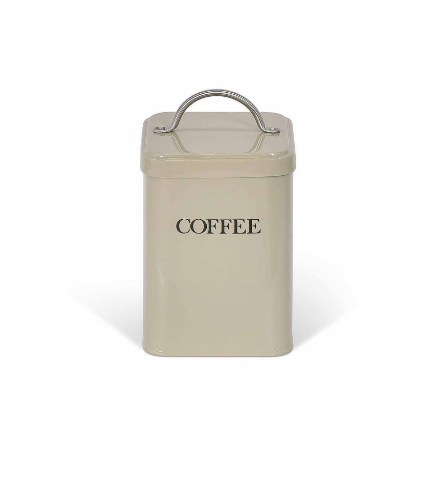 Beige coffee canister with 'COFFEE' text on a white background