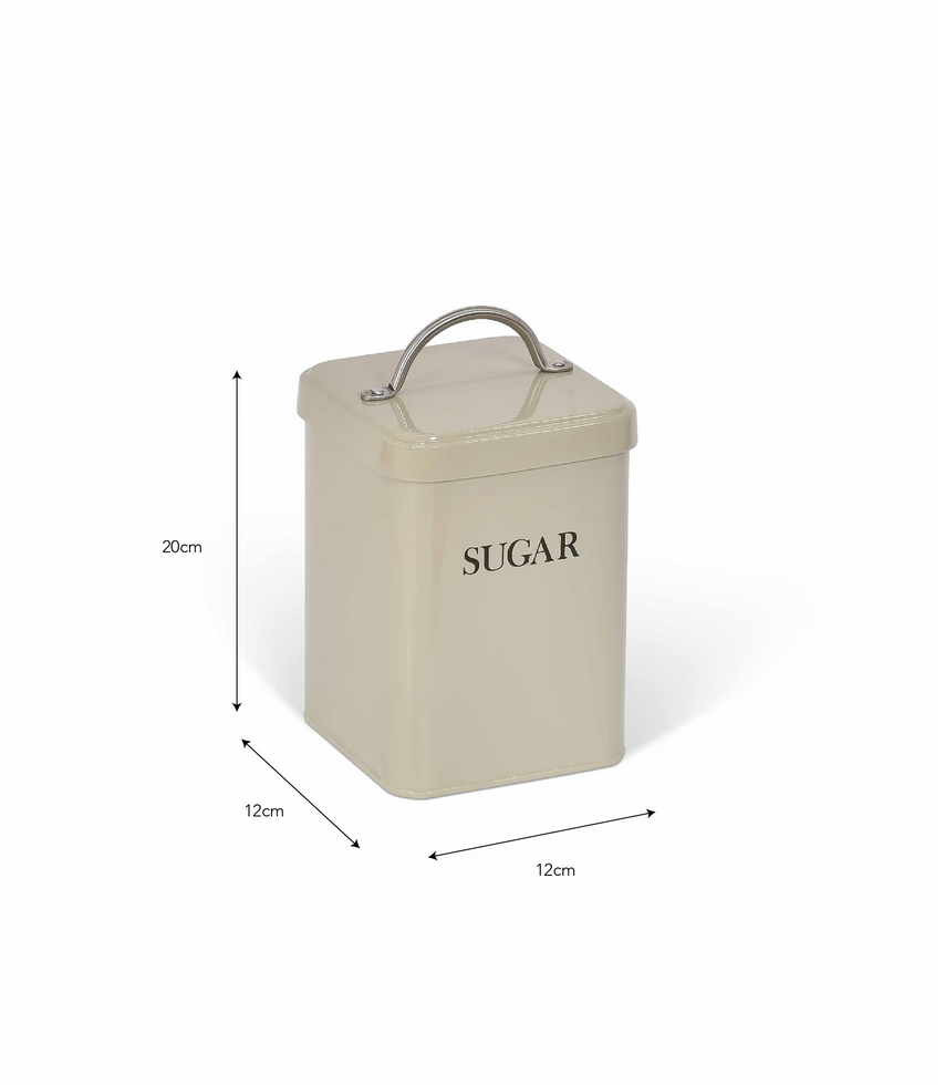 Beige 'SUGAR' storage canister with dimensions on a white background