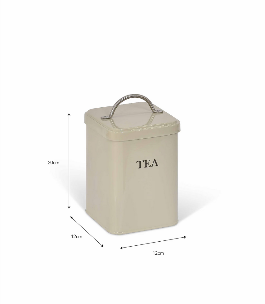 Beige tea canister with dimensions on a white background