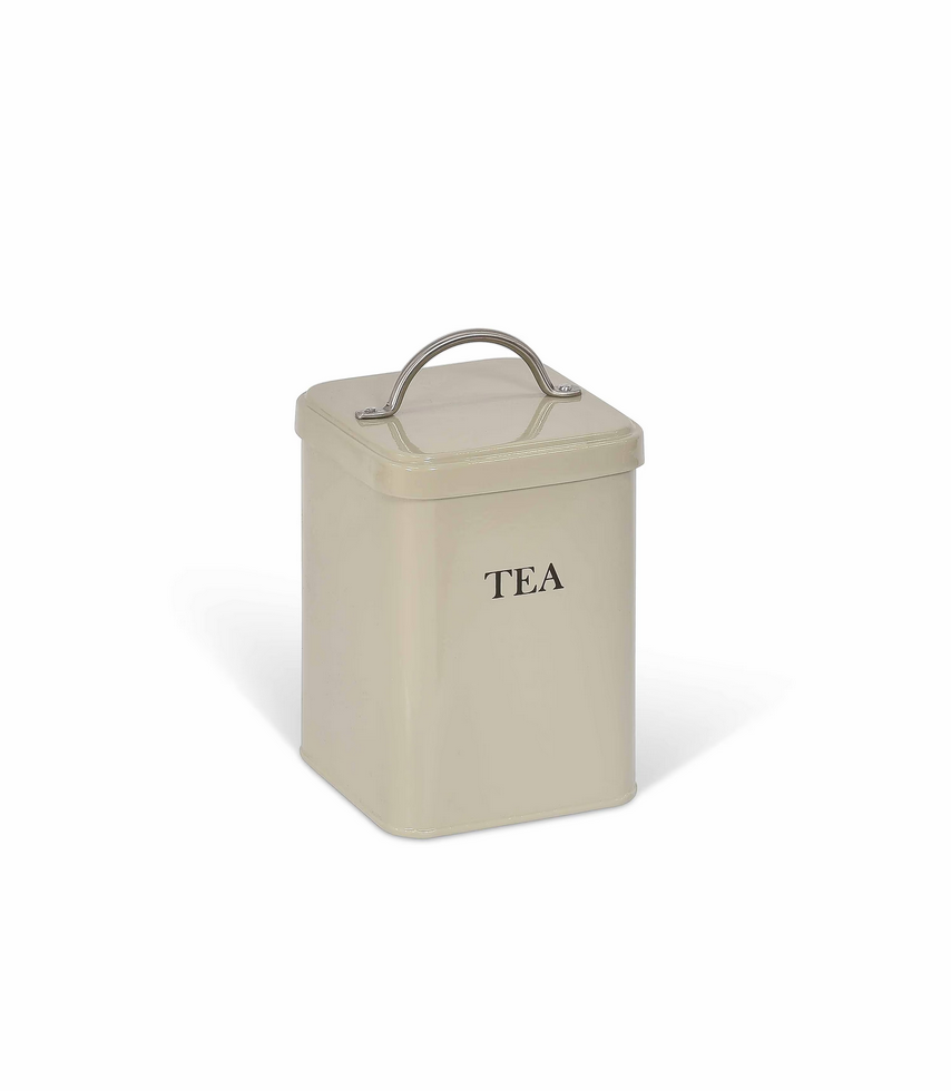 Beige tea canister with 'TEA' label on a white background