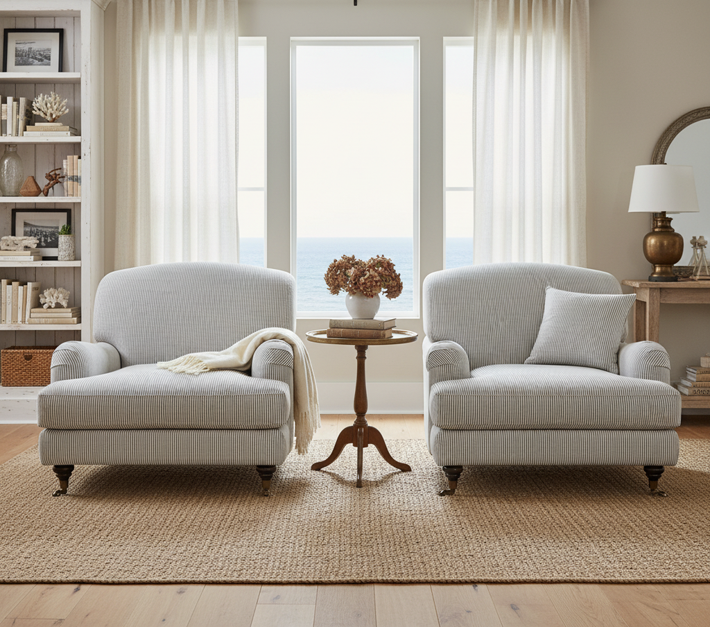 Two gray armchairs in a living room with a small wooden table and decorative items.