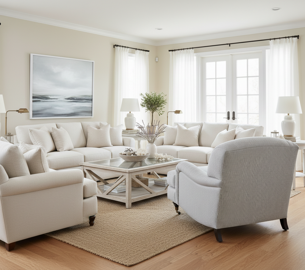 Modern living room with white furniture and large windows.