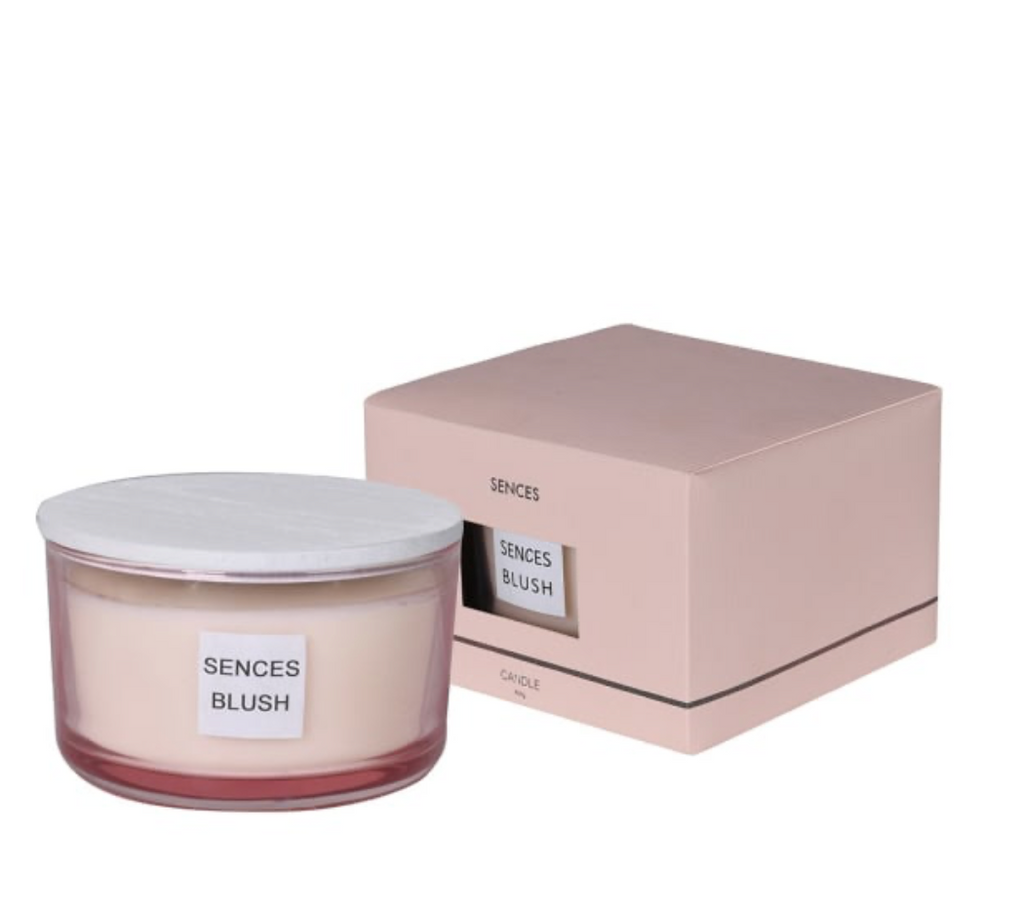 Senses Blush candle with packaging on a white background