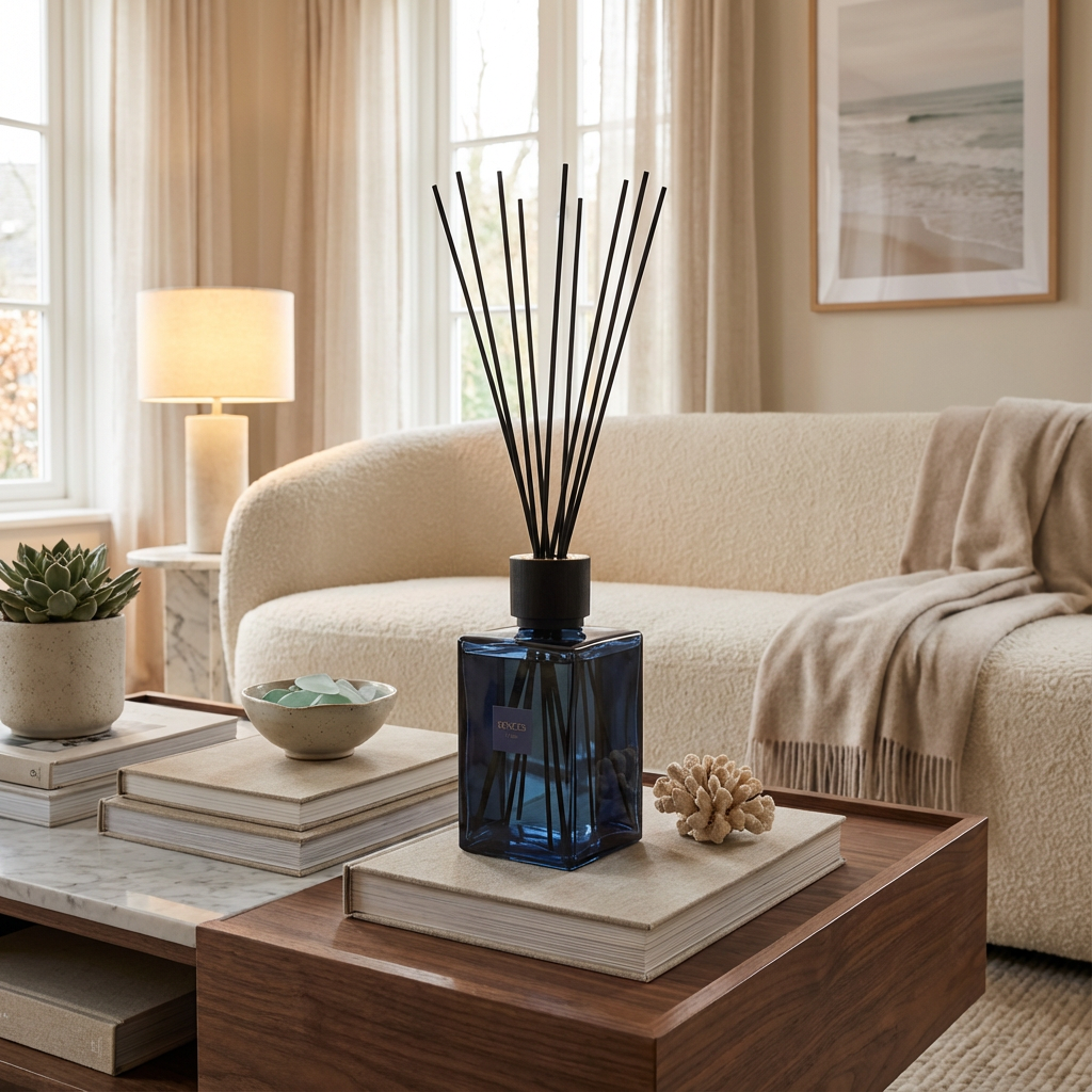 Living room with a coffee table featuring a blue diffuser, books, and decorative items.