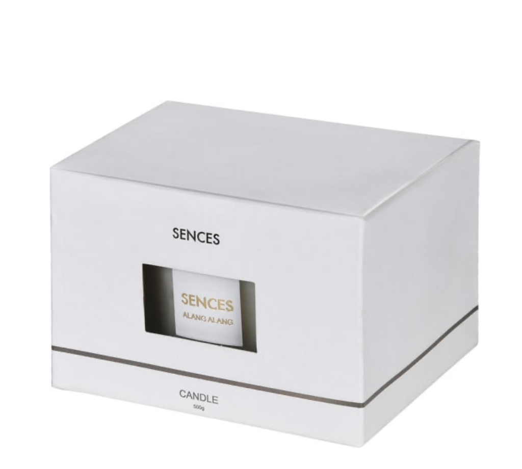 White box packaging of a Sences candle with brand name on a white background