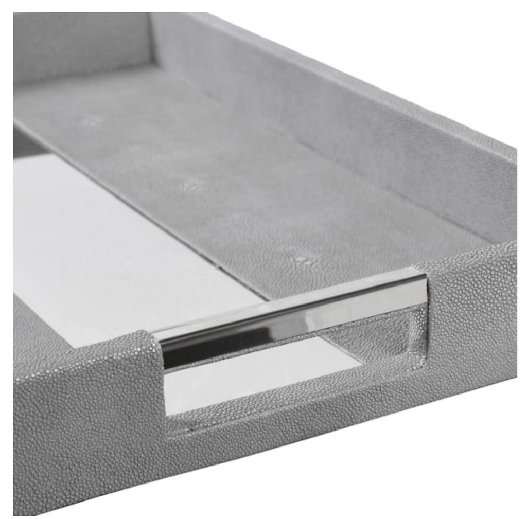 Gray textured tray with a metallic handle on a white background