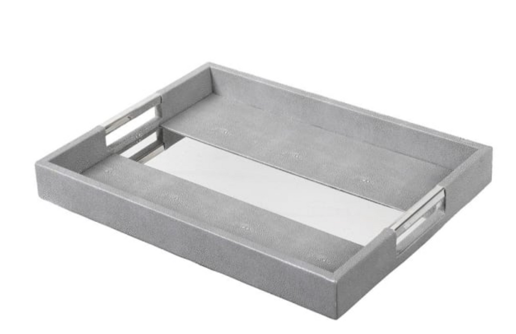 Gray rectangular tray with handles on a white background