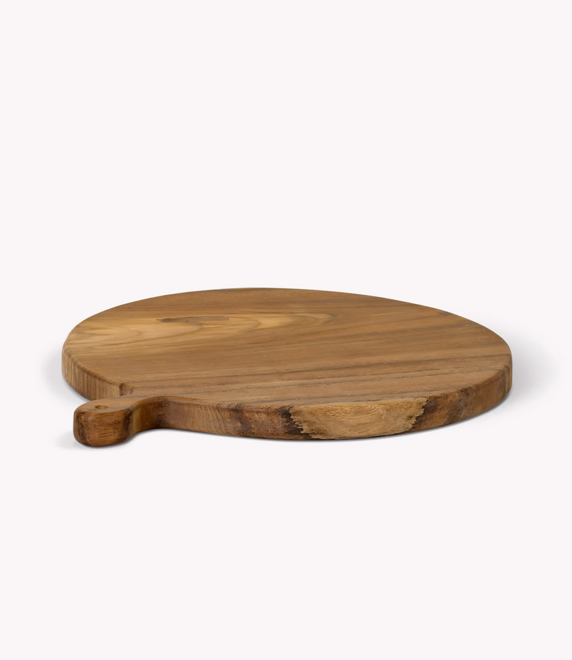 Wooden cutting board with handle on a white background