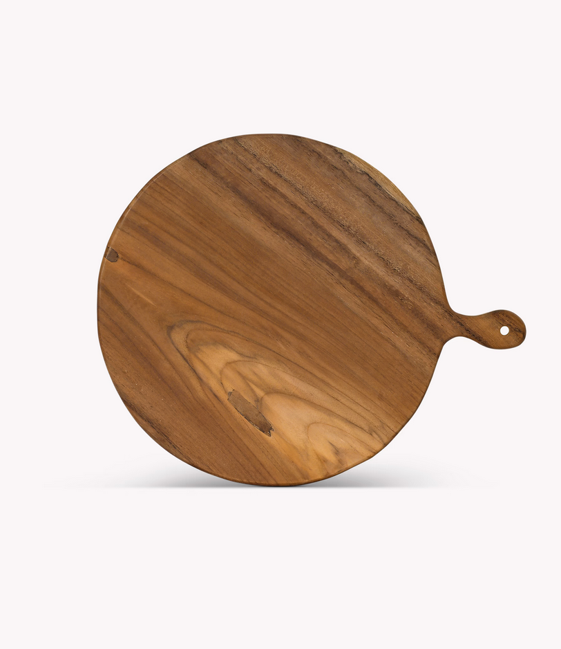 Wooden cutting board with a handle on a white background