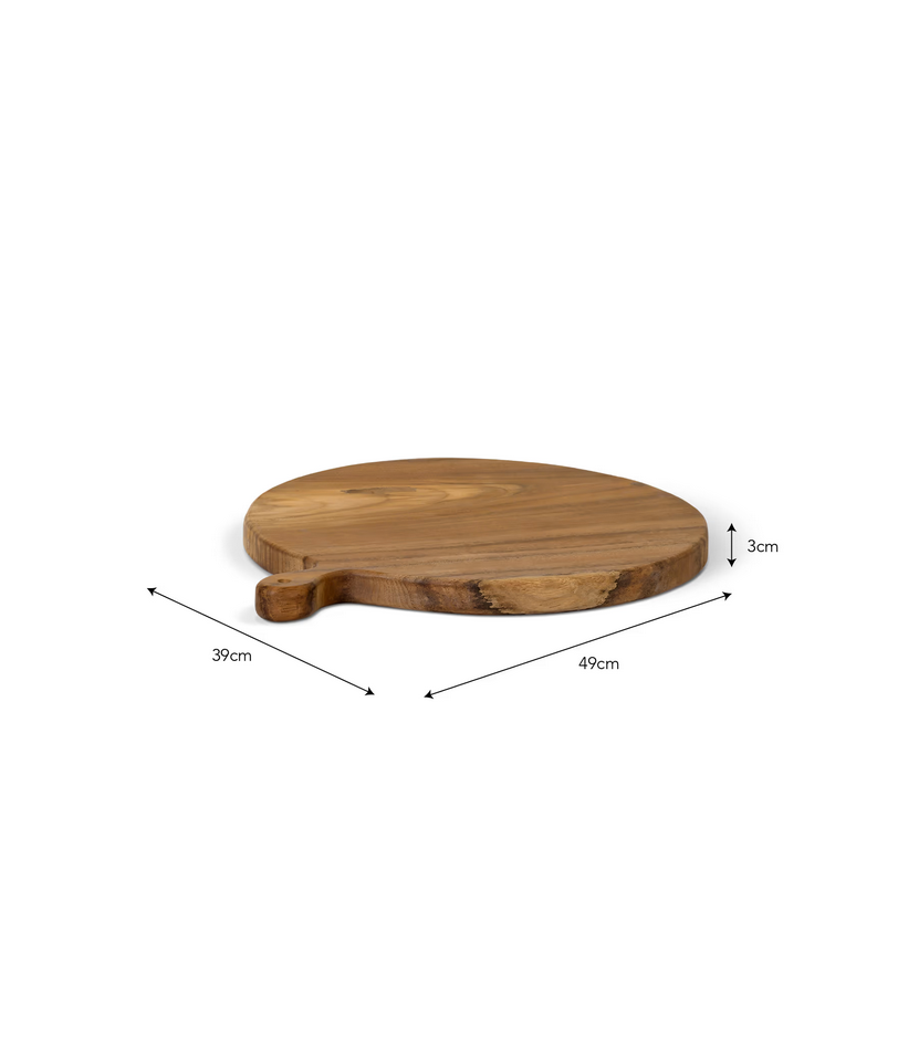 Wooden round cutting board with dimensions on a white background