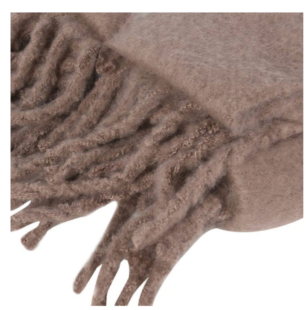 Close-up of a brown blanket with fringes on a white background