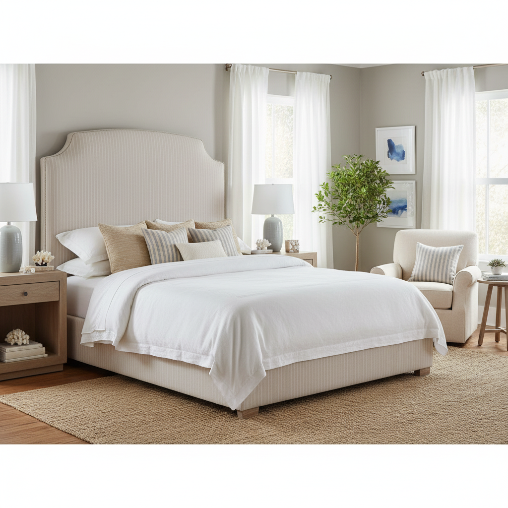 Neatly made bed in a well-lit bedroom with decor elements.