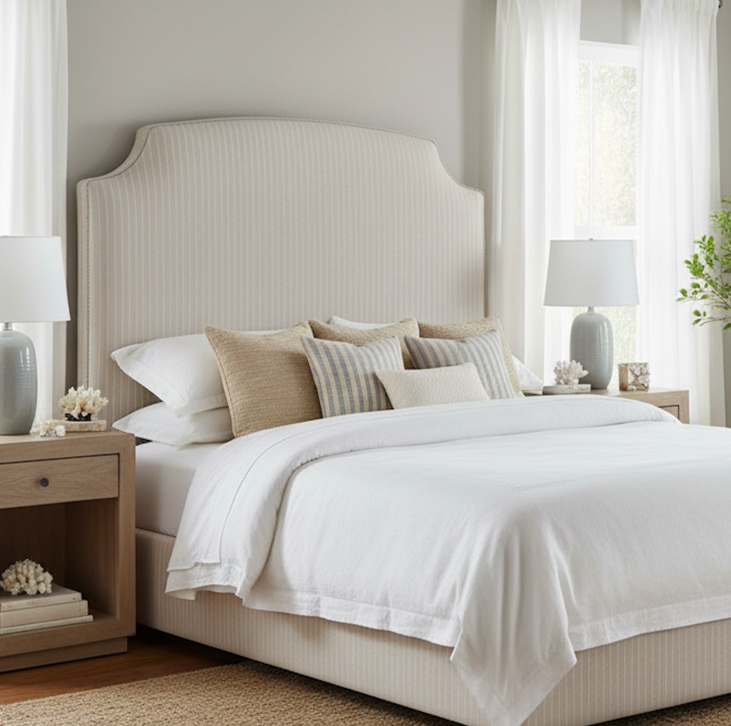 Neatly made bed with white bedding and beige pillows in a bedroom setting.