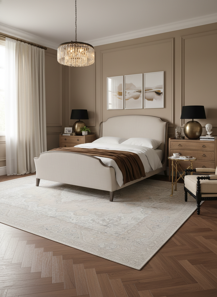 bedroom setting with upholstered linen bed