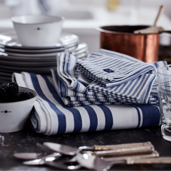 Lexington Icons Cotton Herringbone Striped Tablecloth - White/Blue